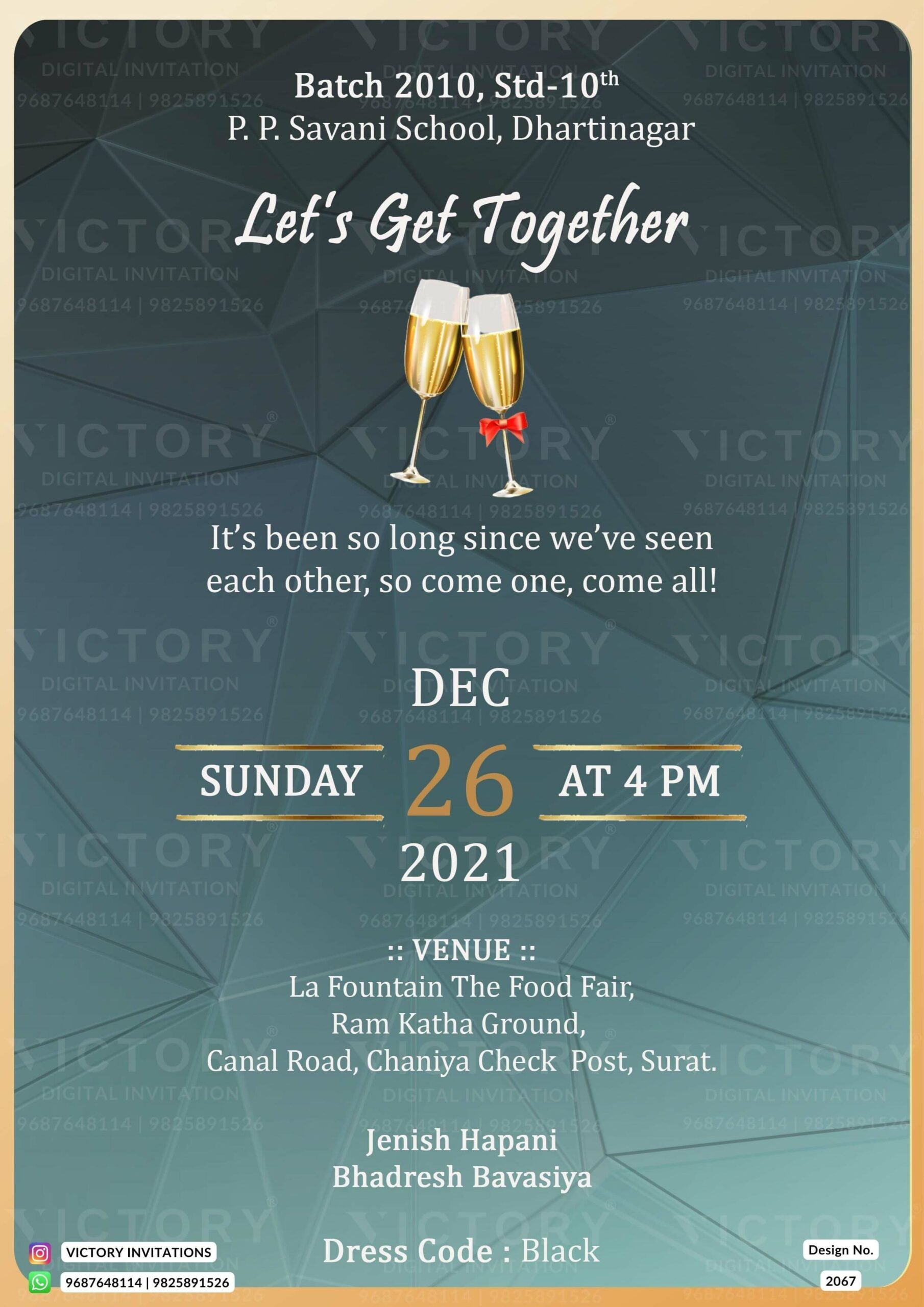An Exquisite Get Together Ceremony Invitation Unveiling Dark Grey Shades, Enchanting Golden Frames, and Dazzling Glasses Illustrations, Design no.2067