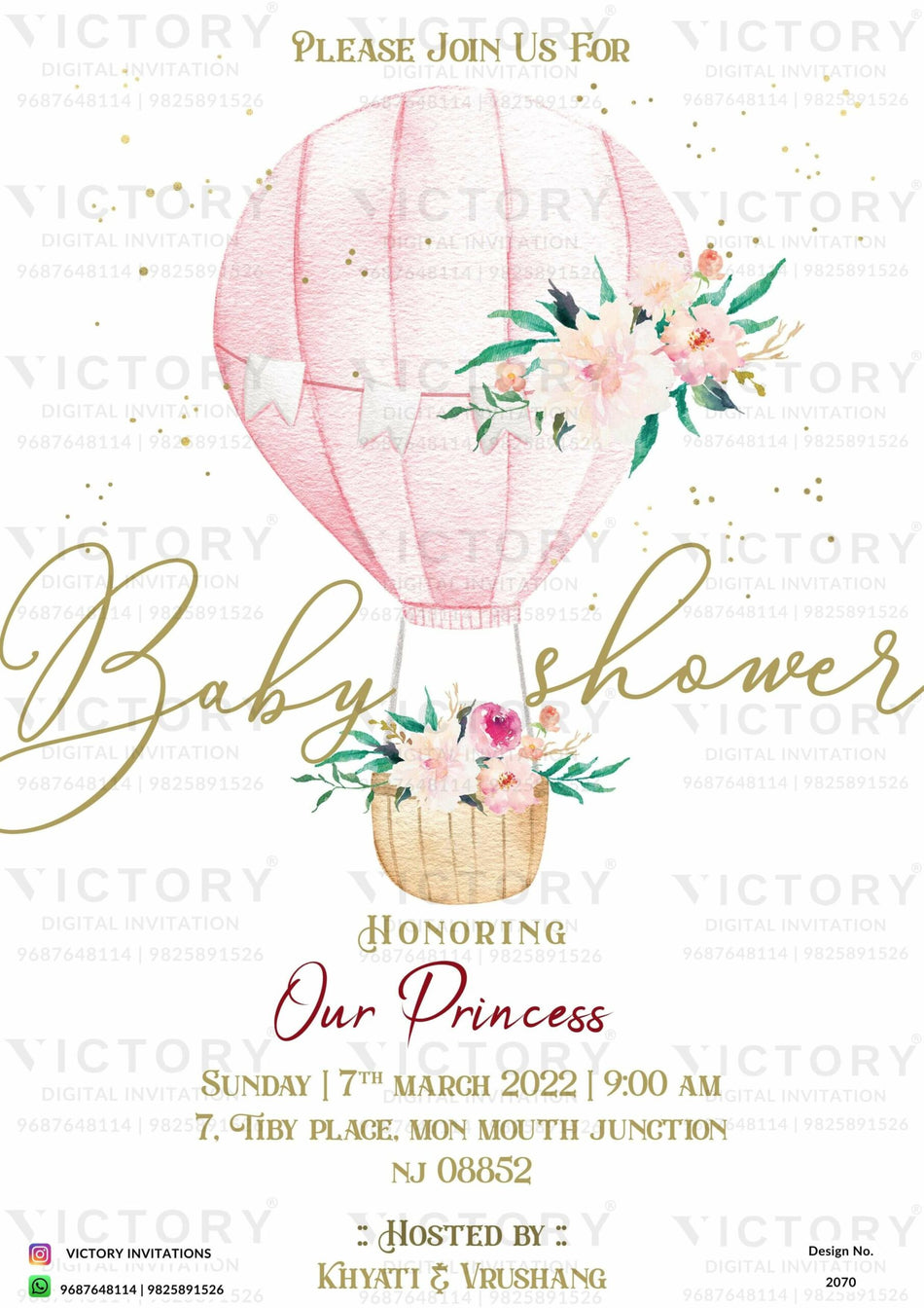 Baby Shower ceremony invitation card in english language with balloon, flowers, leaves as minimalistic theme design 2070