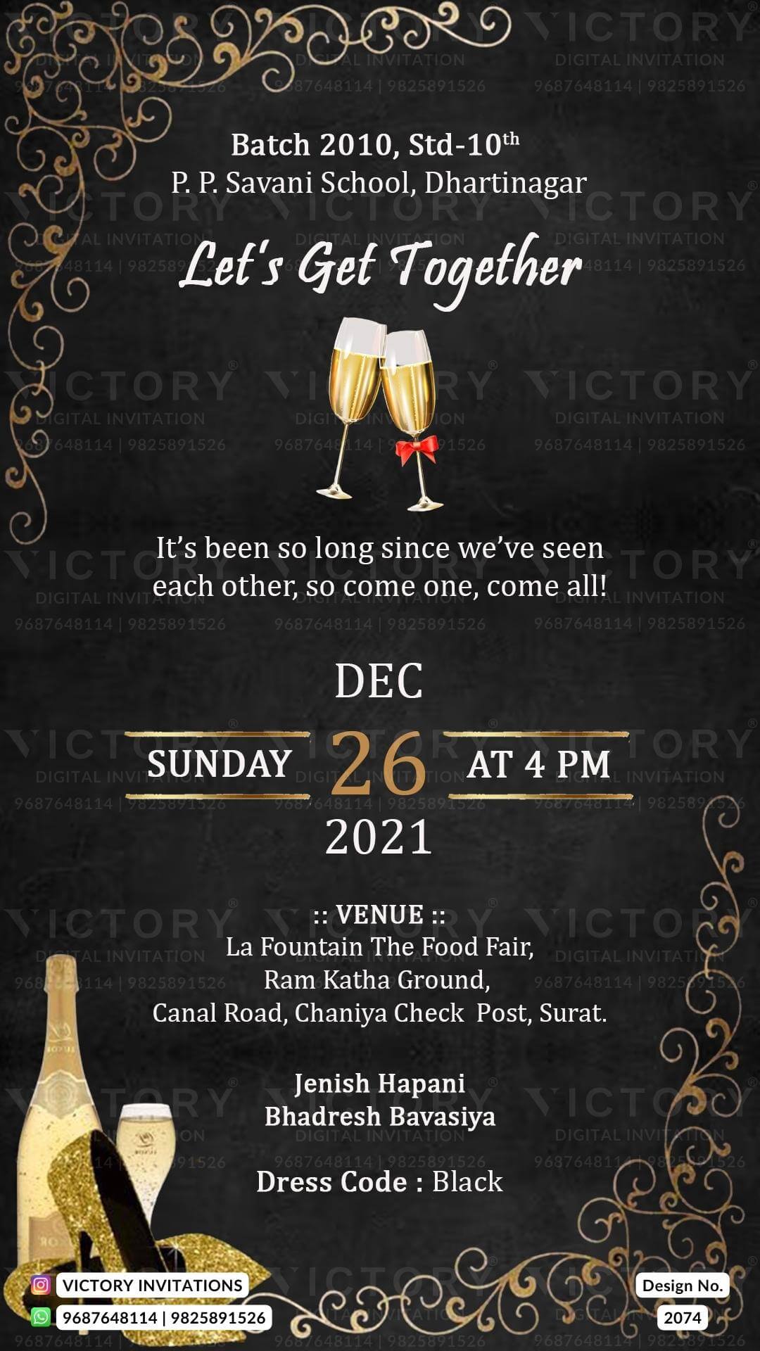 Get Together Party invitation card in english language with champagne glass as minimalistic theme design 2074