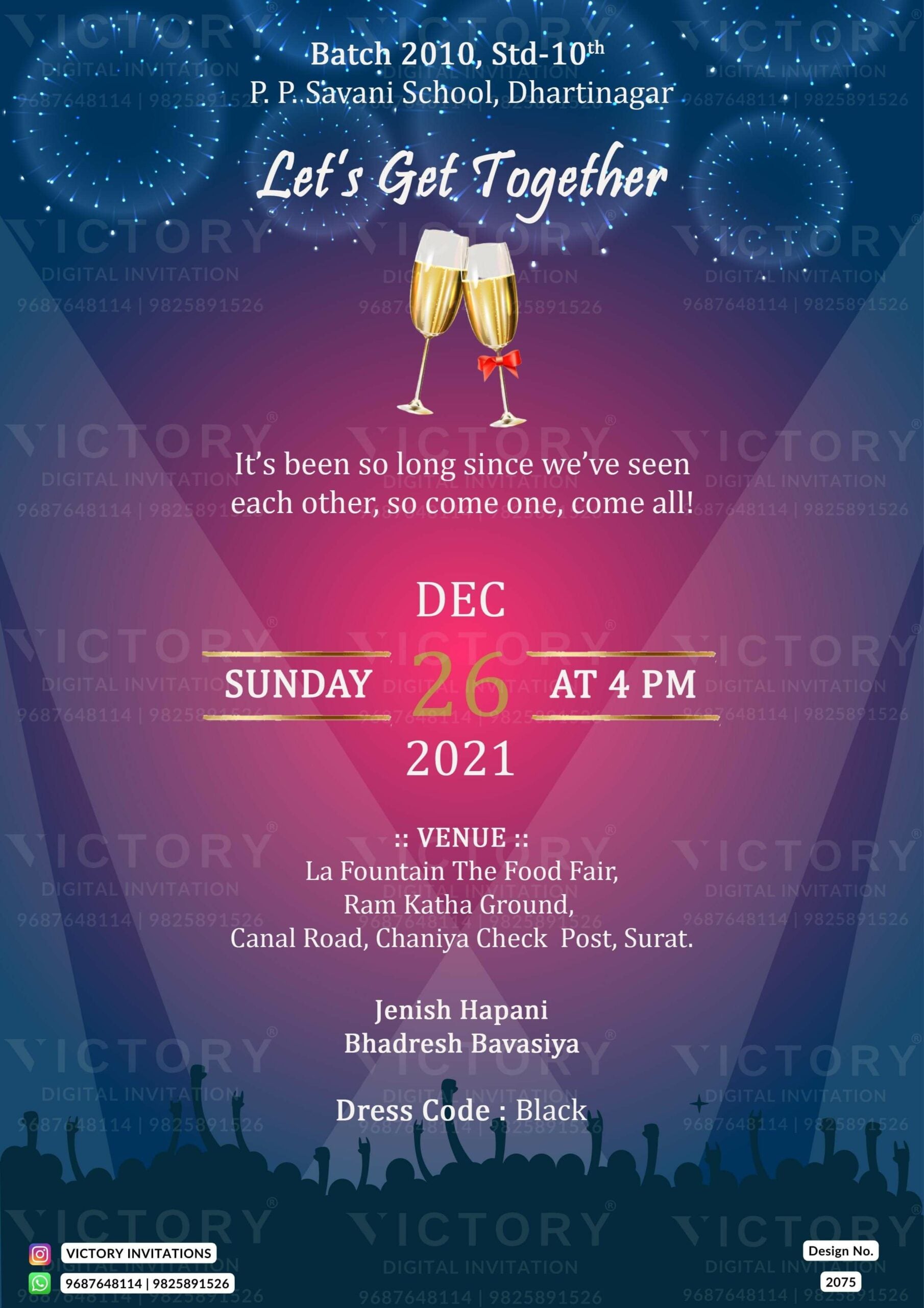 Get Together Party invitation card in english language with champagne glass crackers as night party theme design 2075