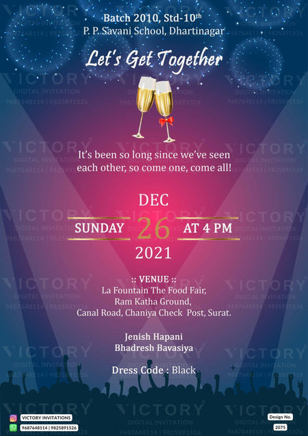 Get Together Party invitation card in english language with champagne glass crackers as night party theme design 2075