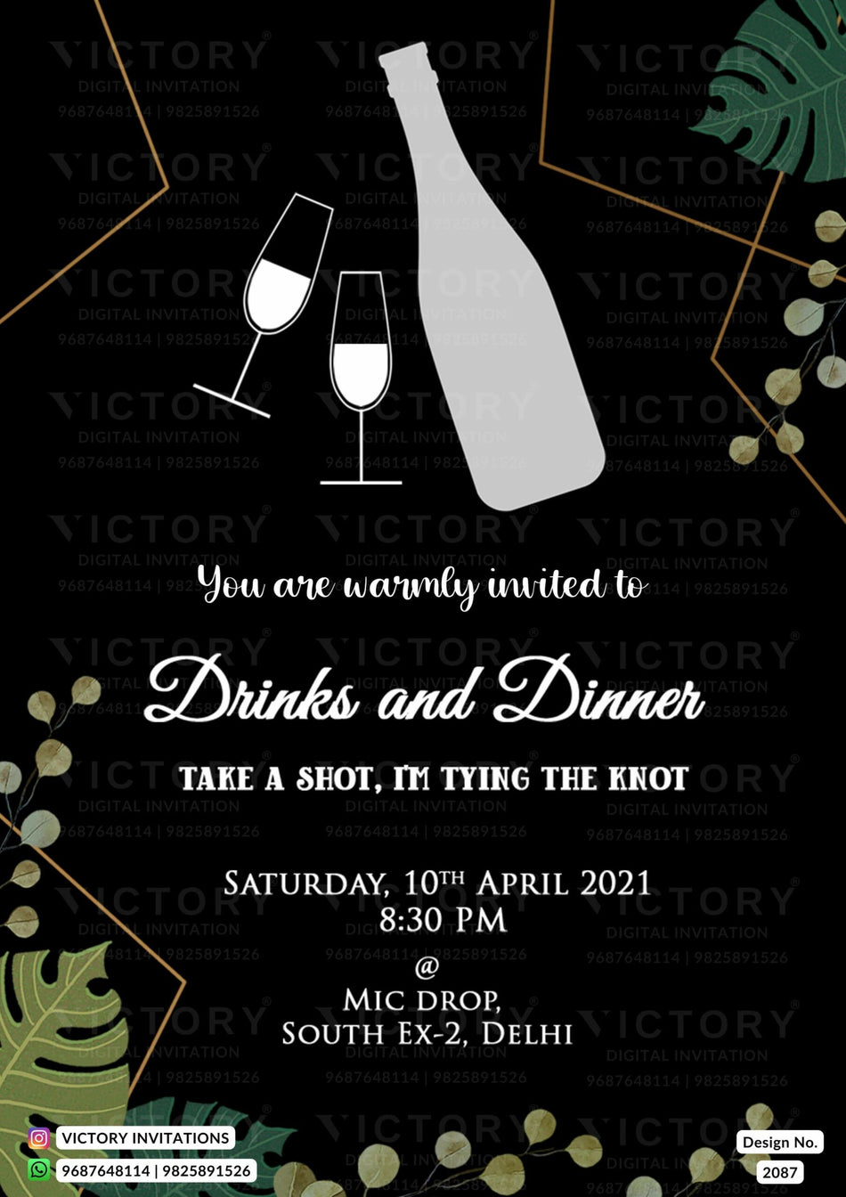 Bachelor Party invitation card in english language with bottle, cocktail glass as artistic leaves theme design 2087