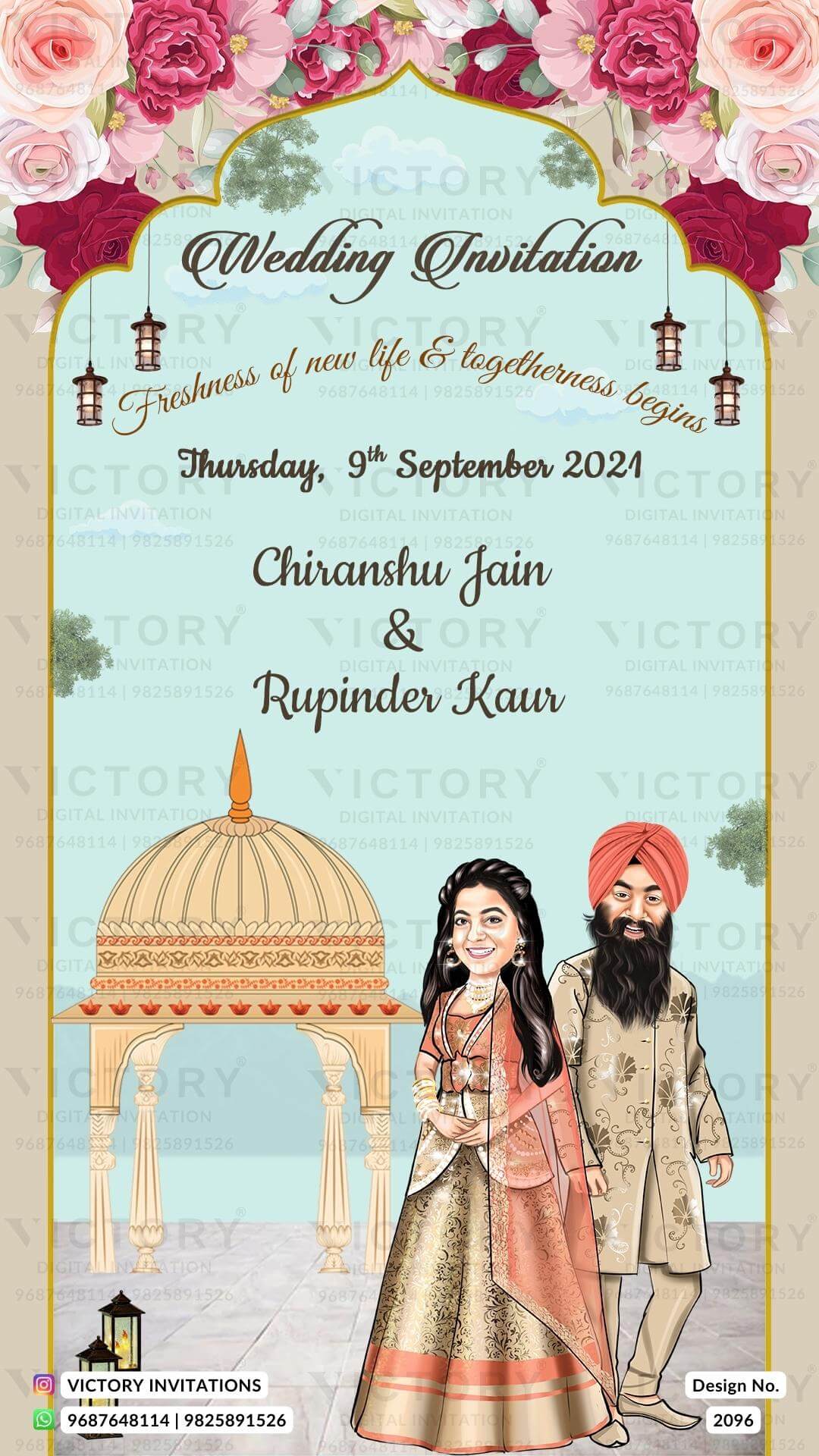 Delightful couple caricature invitation card for wedding ceremony of hindu punjabi haryanvi family in english language with Floral Arch theme design 2096