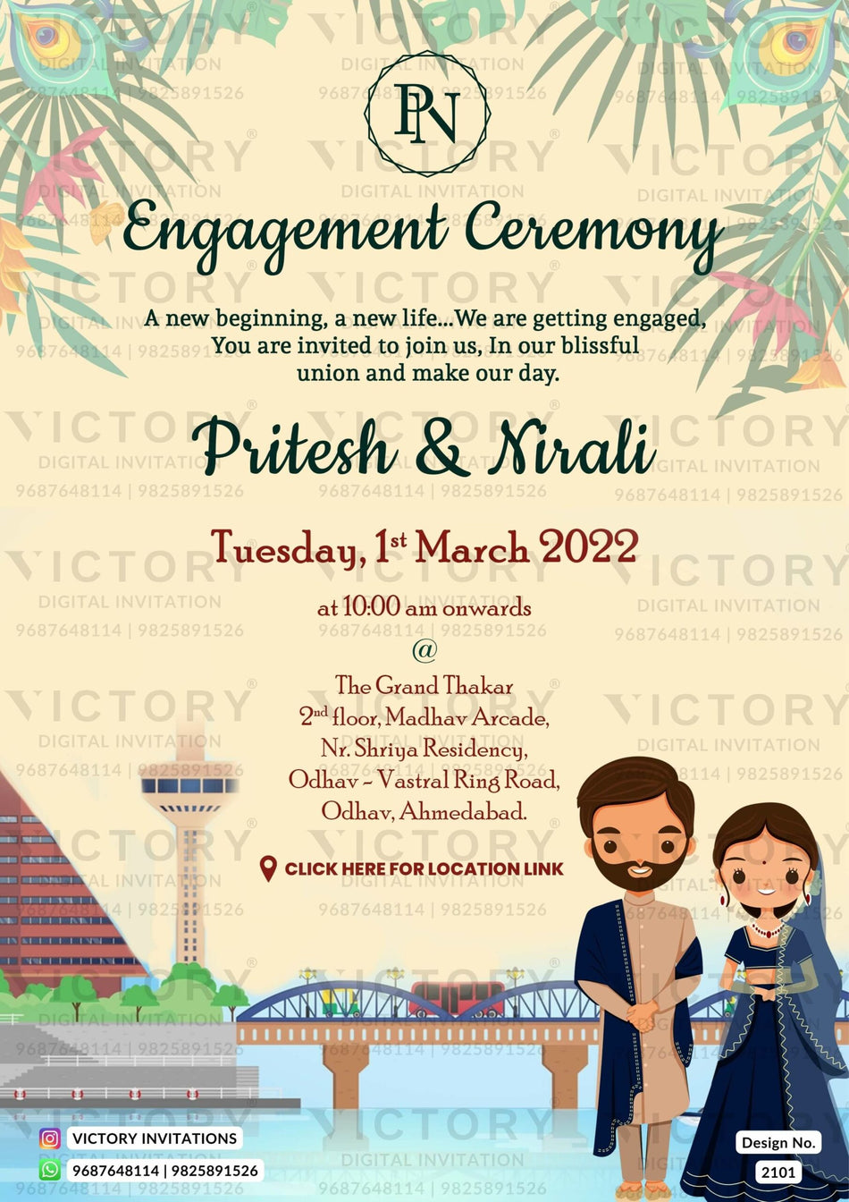 Engagement ceremony invitation card in english language with couple doodle, leaves as city bridge theme design 2101