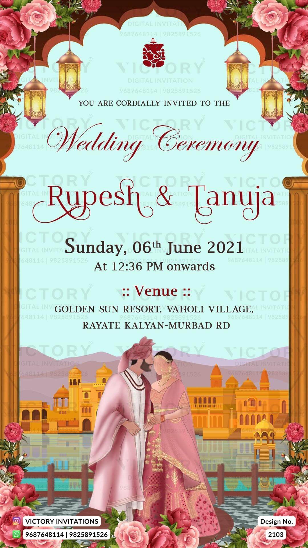 Wedding ceremony invitation card of hindu punjabi sikh family in English language with Royal theme design 2103