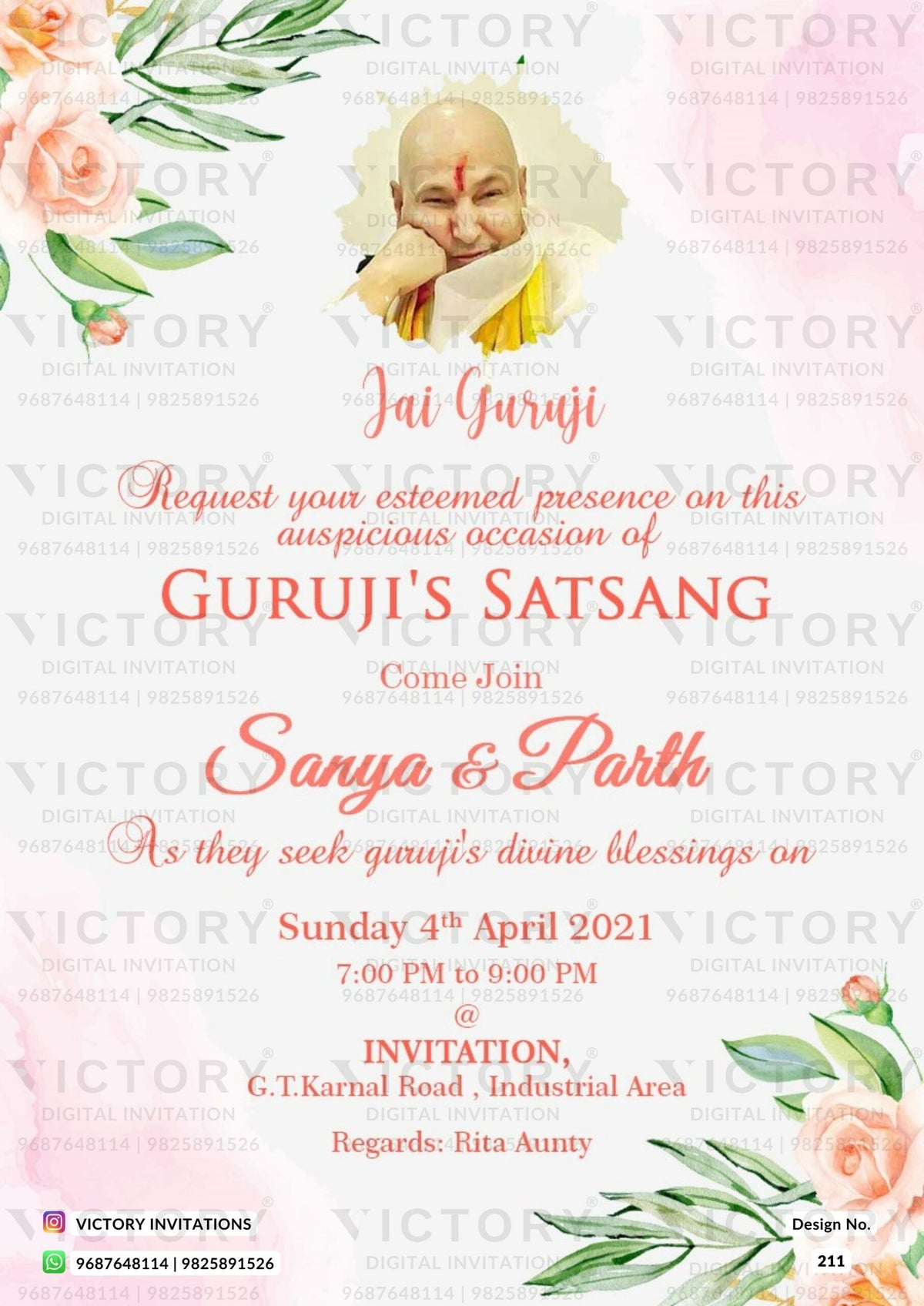 Guruji satsang invitation card in english language with flowers, leaves as floral theme design 211