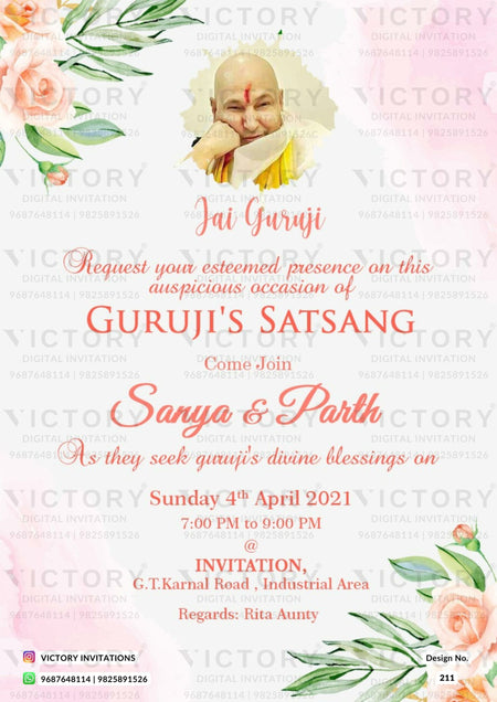 Guruji satsang invitation card in english language with flowers, leaves as floral theme design 211