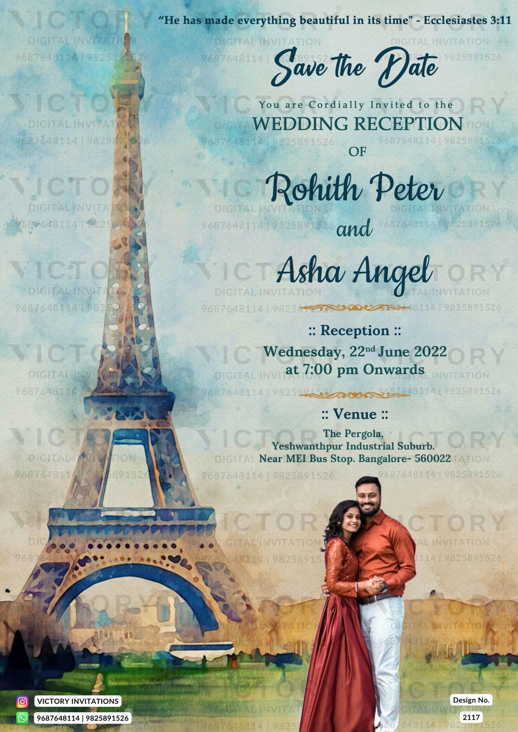Wedding ceremony invitation card of hindu south indian kannada family in english language with Effiel tower theme design 2117