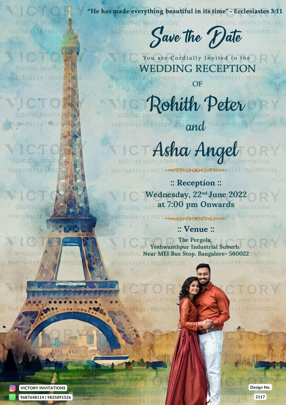 Wedding ceremony invitation card of hindu south indian kannada family in english language with Effiel tower theme design 2117