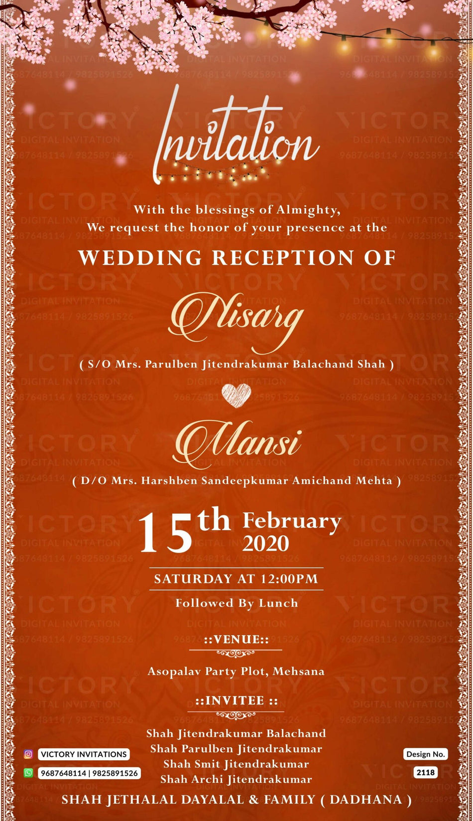 Wedding ceremony invitation card of hindu gujarati patel family in english language with minimalistic theme design 2118