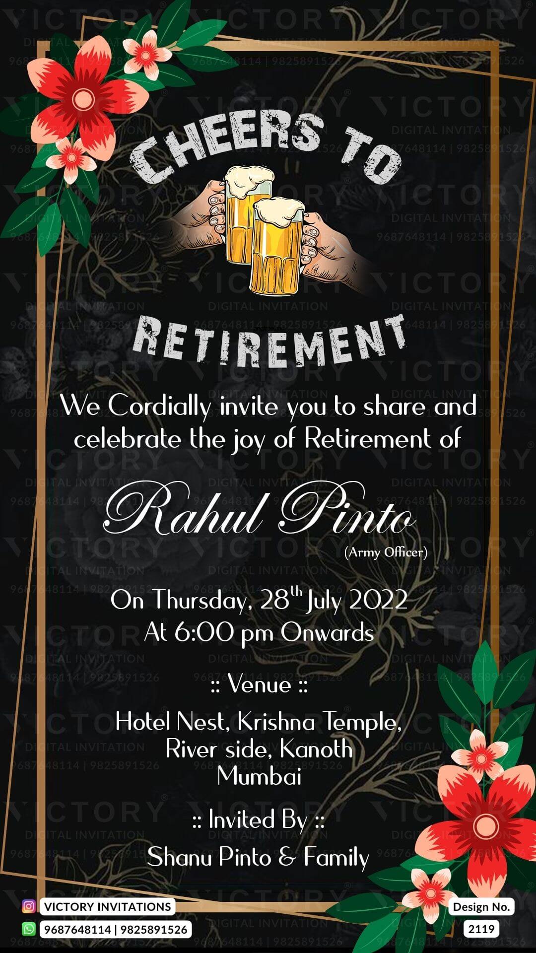 Retirement Party invitation card in english language with frame, flowers as floral theme design 2119