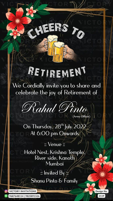 Retirement Party invitation card in english language with frame, flowers as floral theme design 2119