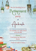 Retirement Party invitation card in english language with book, cup, flower pot as minimalistic theme design 2121