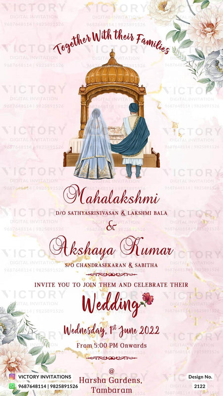 Wedding ceremony invitation card of hindu punjabi sikh family in English language with floral theme design 2122