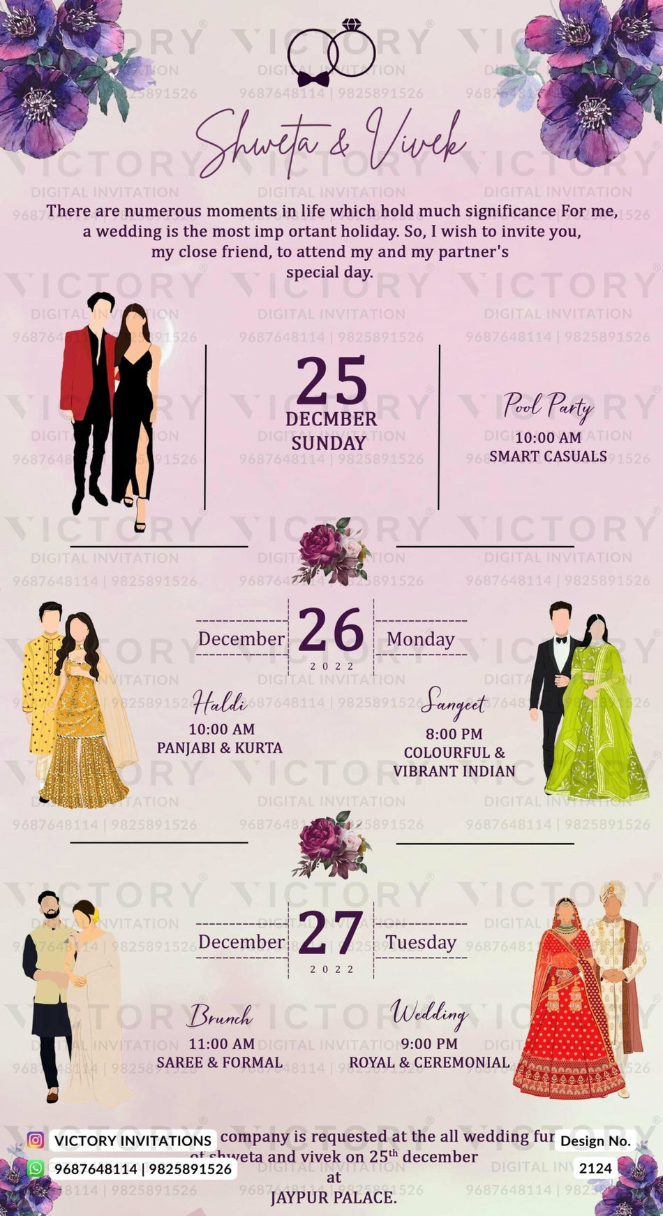 Wedding ceremony invitation card of hindu rajasthani royal family in english language with floral theme design 2124