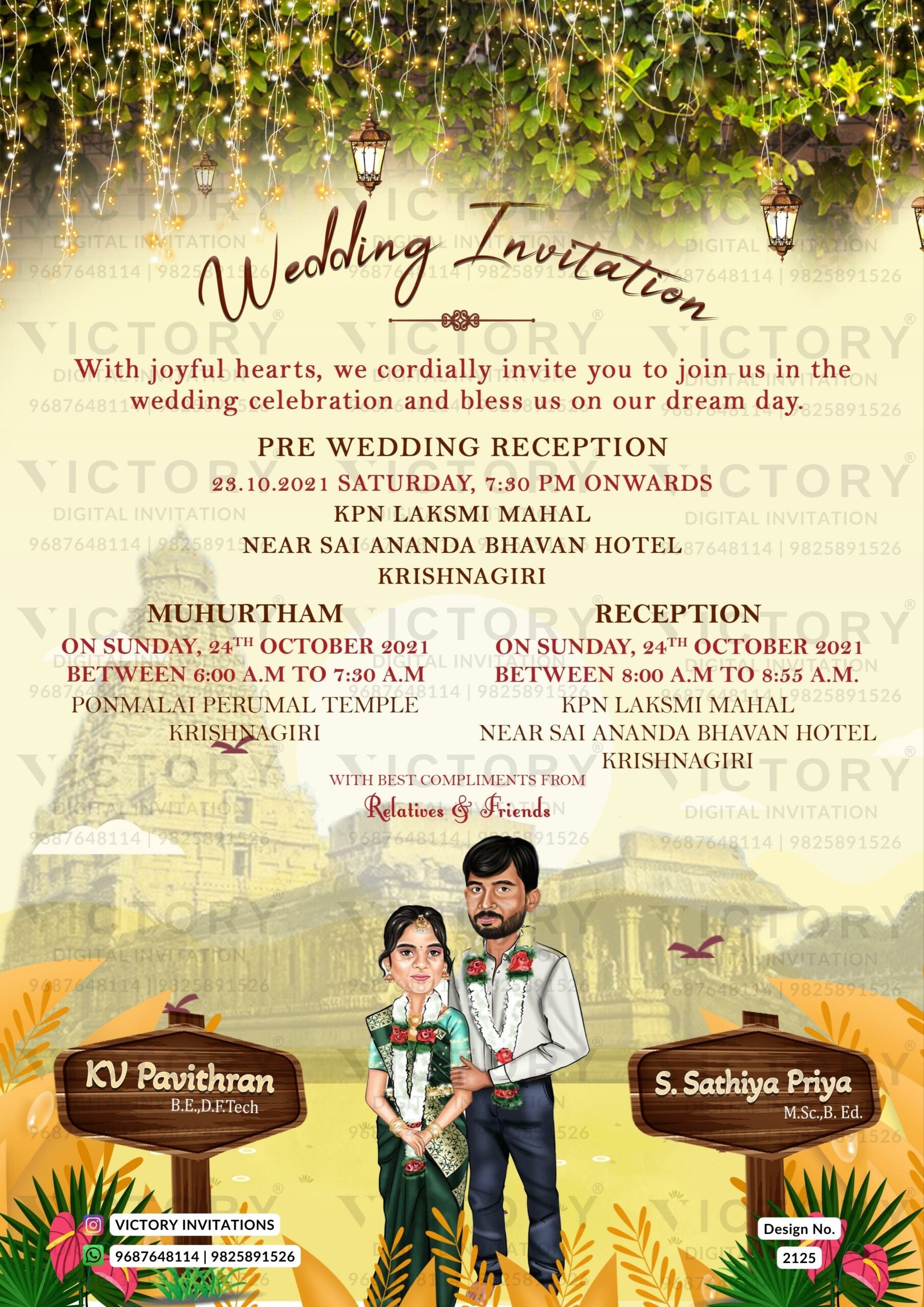 Traditional couple caricature invitation card for the wedding ceremony of Hindu south indian tamil family in english language with temple theme design 2125
