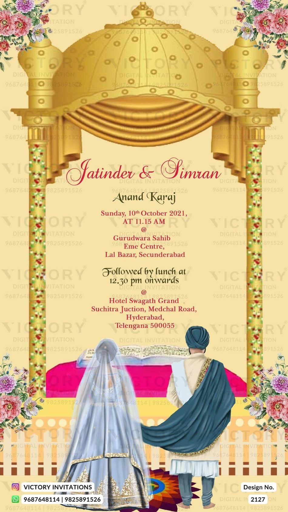 Arangetram Ceremony invitation card in english language with flowers, couple doodle as floral theme design 2127