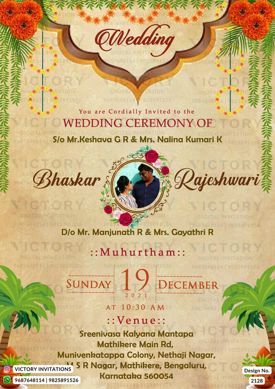 Wedding ceremony invitation card of hindu south indian kannada family in english language with couple photo traditional theme design 2128