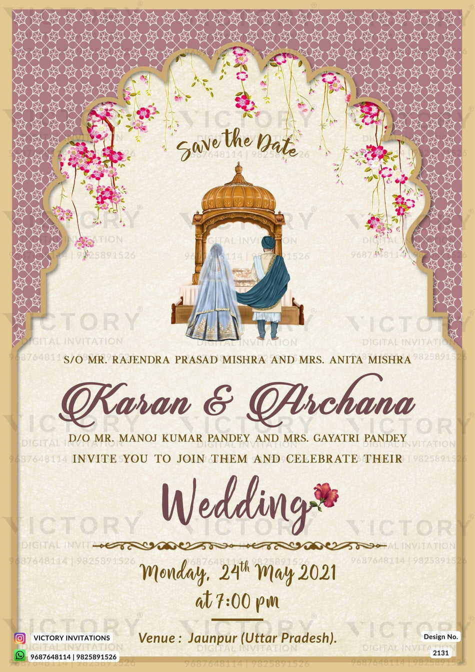 Wedding ceremony invitation card of hindu punjabi sikh family in English language with traditional theme design 2131