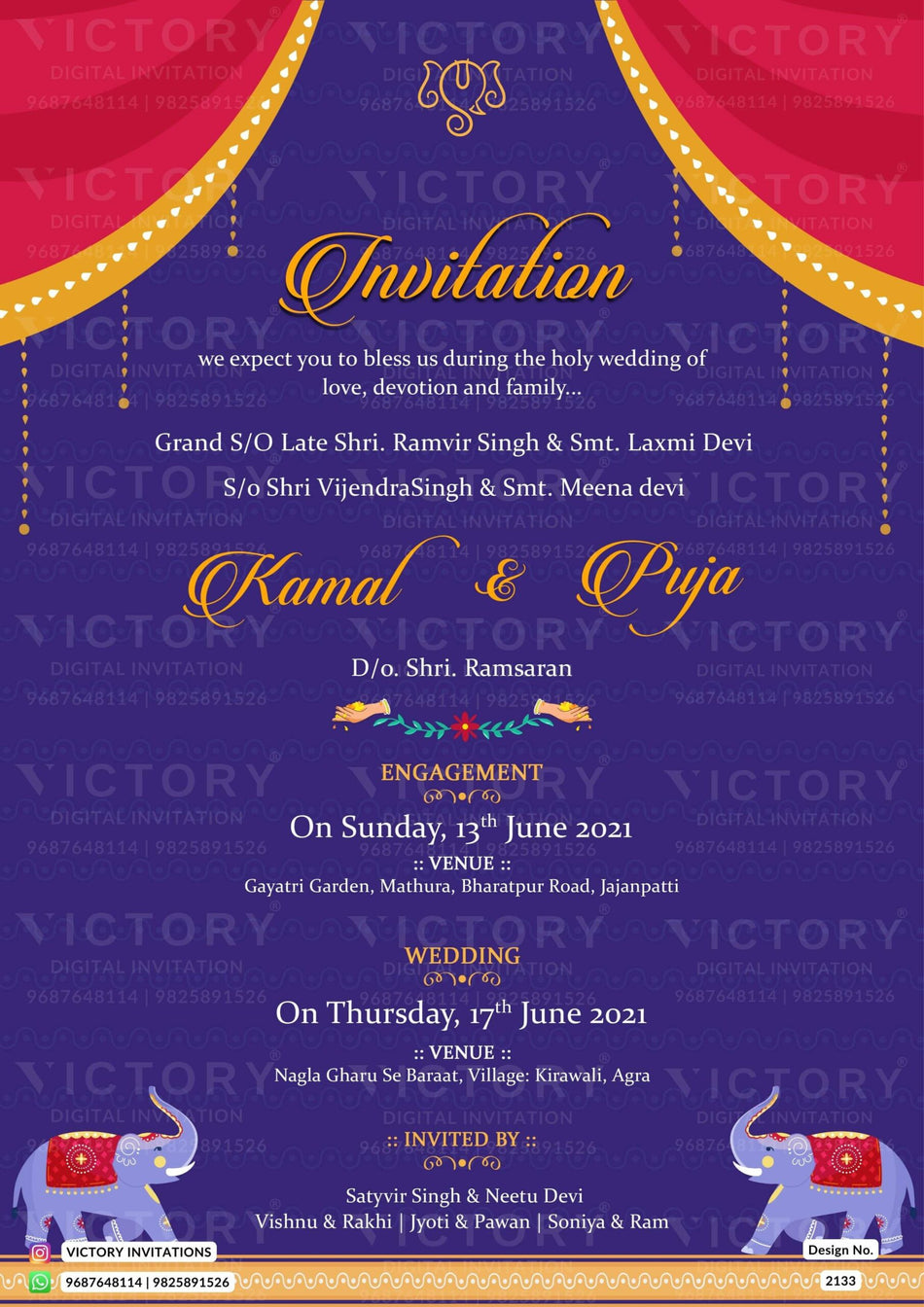 Wedding ceremony invitation card of hindu north indian bhojpuri family in english language with minimalistic theme design 2133