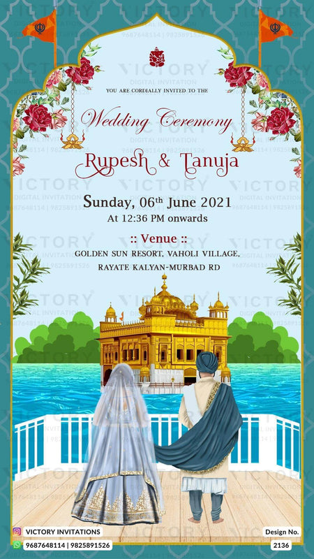 Wedding ceremony invitation card of hindu punjabi sikh family in English language with temple theme design 2136