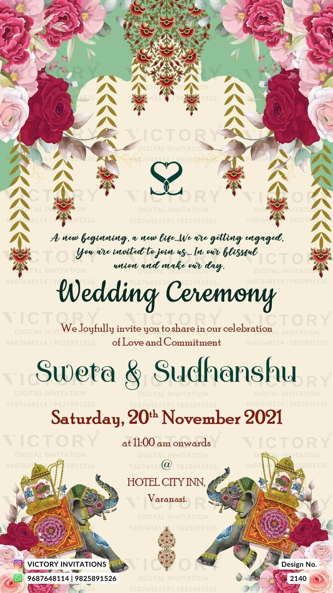 Wedding ceremony invitation card of hindu punjabi sikh family in English language with floral theme design 2140