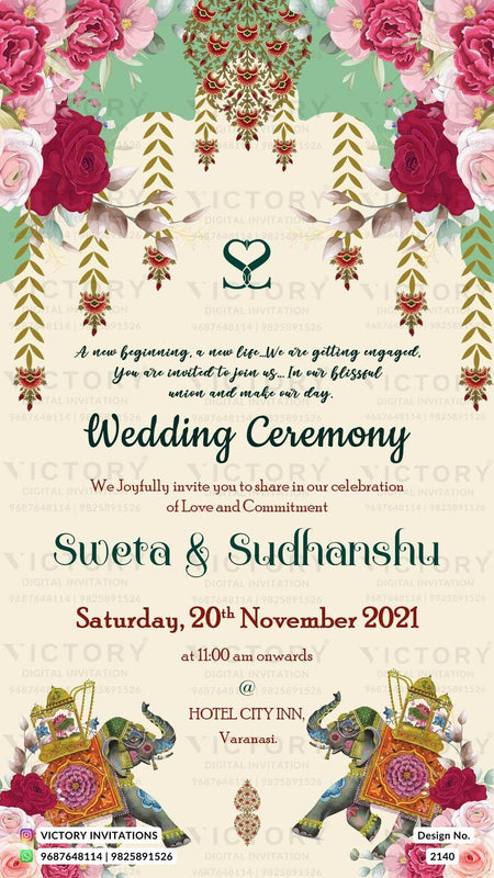 Wedding ceremony invitation card of hindu punjabi sikh family in English language with floral theme design 2140