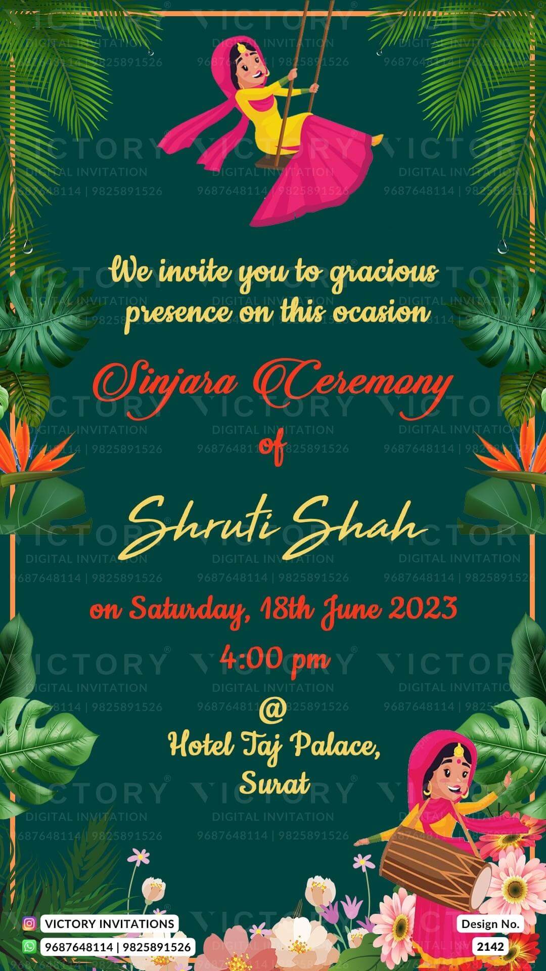 Sinjara ceremony invitation card in english language with girl doodle, boho leaves as floral theme design 2142