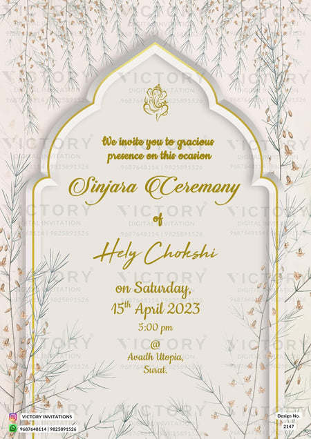 Sinjara ceremony invitation card in english language with leaves as arch theme design 2147