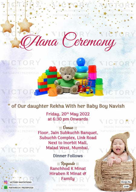 Aana ceremony invitation card in english language with toys, baby image as playful theme design 2148