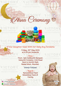 Aana ceremony invitation card in english language with cloud, toys as playful theme design 2156