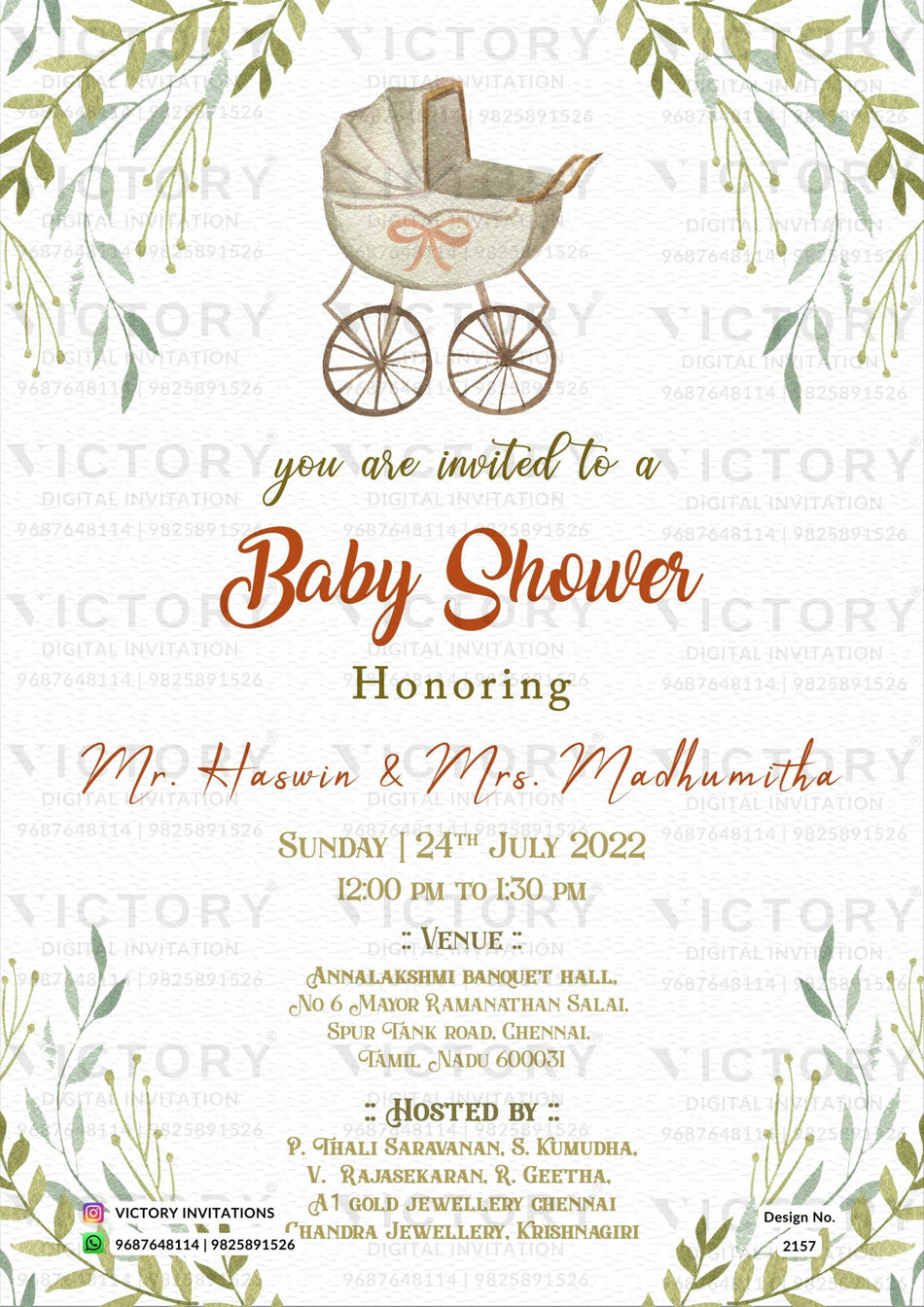 Baby Shower ceremony invitation card in english language with baby roller as artistic leaves theme design 2157
