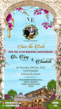 25th Wedding Anniversary invitation card in English language with coupe photo, flowers, palace as gate theme design 2159