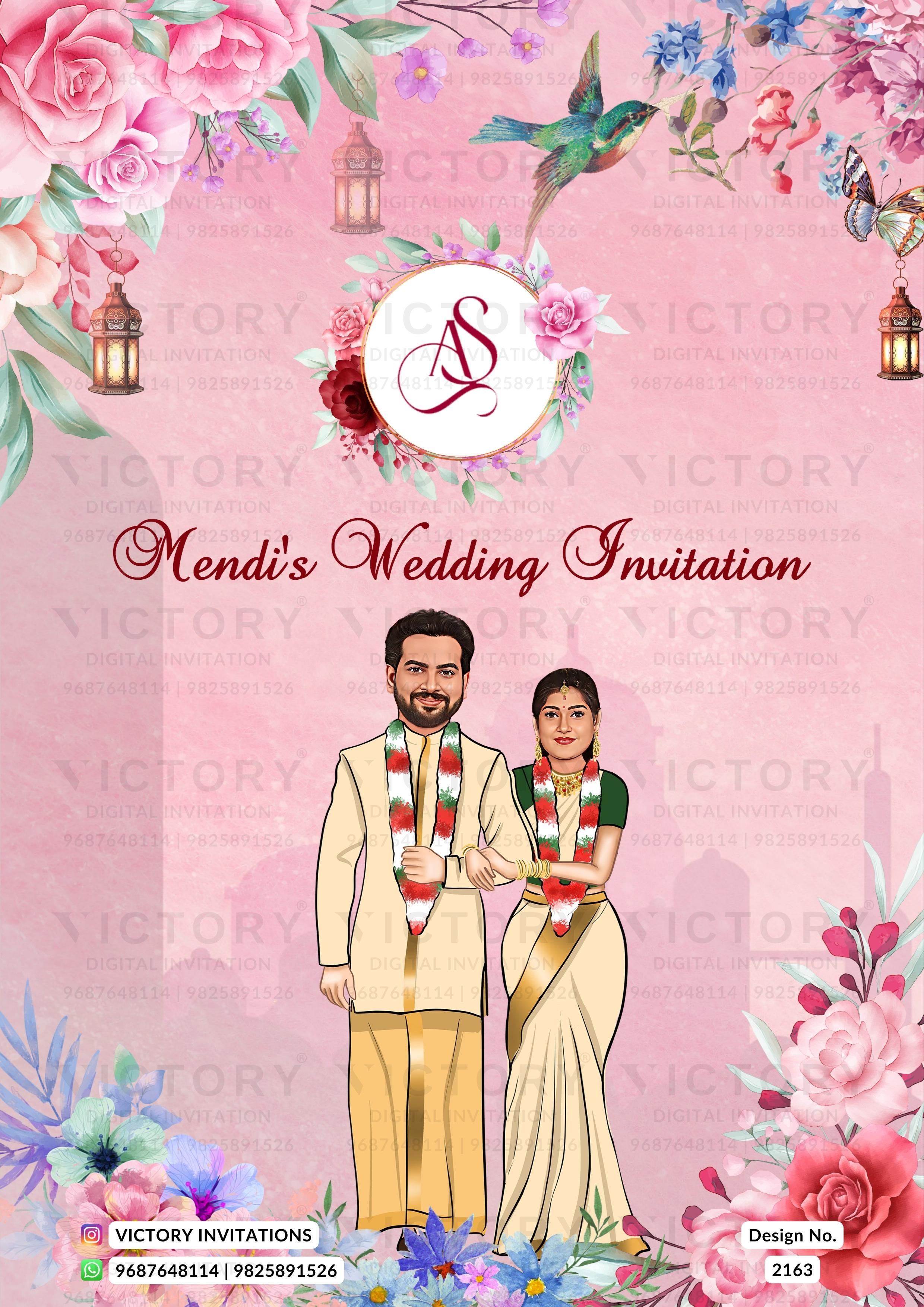 Pink wedding invitation card design with floral borders, lanterns, a bird, and illustrated couple at the bottom. The center shows a circular monogram logo and the text 'Mendi's Wedding Invitation' with repeated 'VICTORY' watermarks across the design.