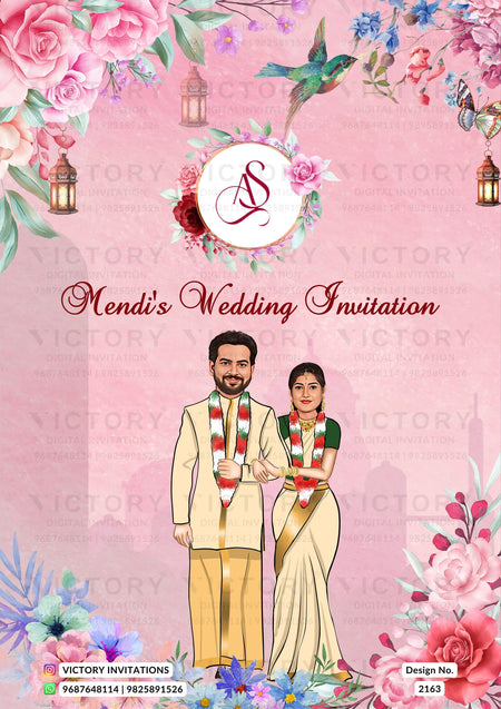 Pink wedding invitation card design with floral borders, lanterns, a bird, and illustrated couple at the bottom. The center shows a circular monogram logo and the text 'Mendi's Wedding Invitation' with repeated 'VICTORY' watermarks across the design.