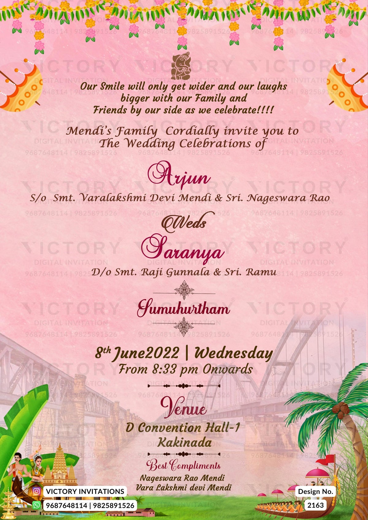 A pink wedding invitation card with festive marigold garland borders, traditional Indian motifs, and wedding details for Arjun and Swamy's daughter Sumumurham, including venue and date information.
