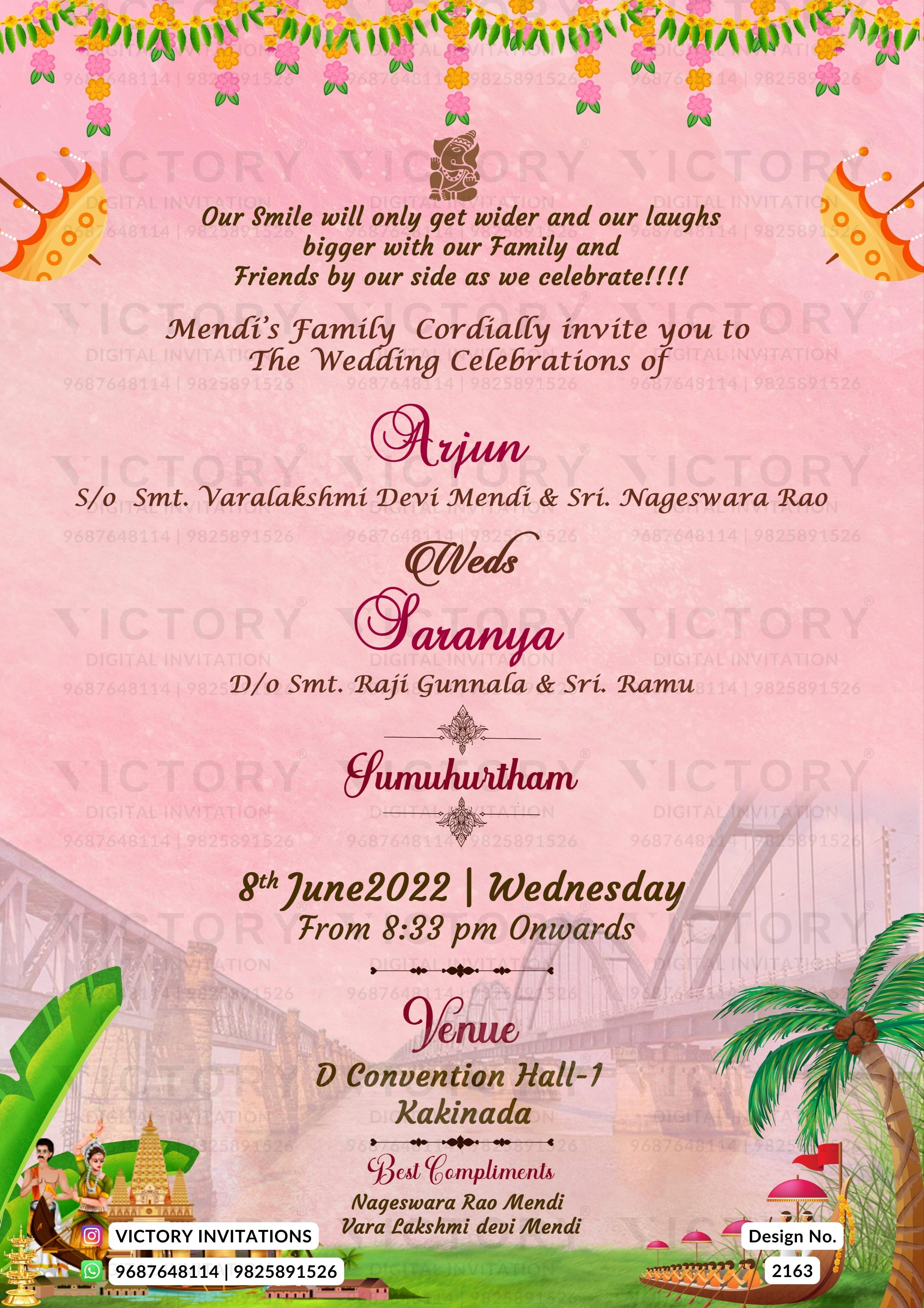 A pink wedding invitation card with festive marigold garland borders, traditional Indian motifs, and wedding details for Arjun and Swamy's daughter Sumumurham, including venue and date information.