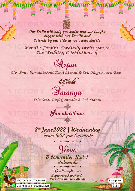 A pink wedding invitation card with festive marigold garland borders, traditional Indian motifs, and wedding details for Arjun and Swamy's daughter Sumumurham, including venue and date information.