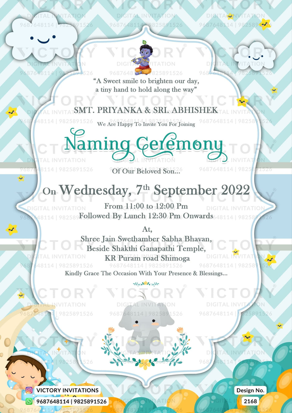 "Whimsical Wonderland-Themed Invitation to Celebrate the Arrival and Naming Ceremony of an Adorable Baby, a Sleeping Baby on a Cream-Colored Moon, Whimsical Clouds, Stars, an Illustration of a Comical Elephant" Design no. 2168