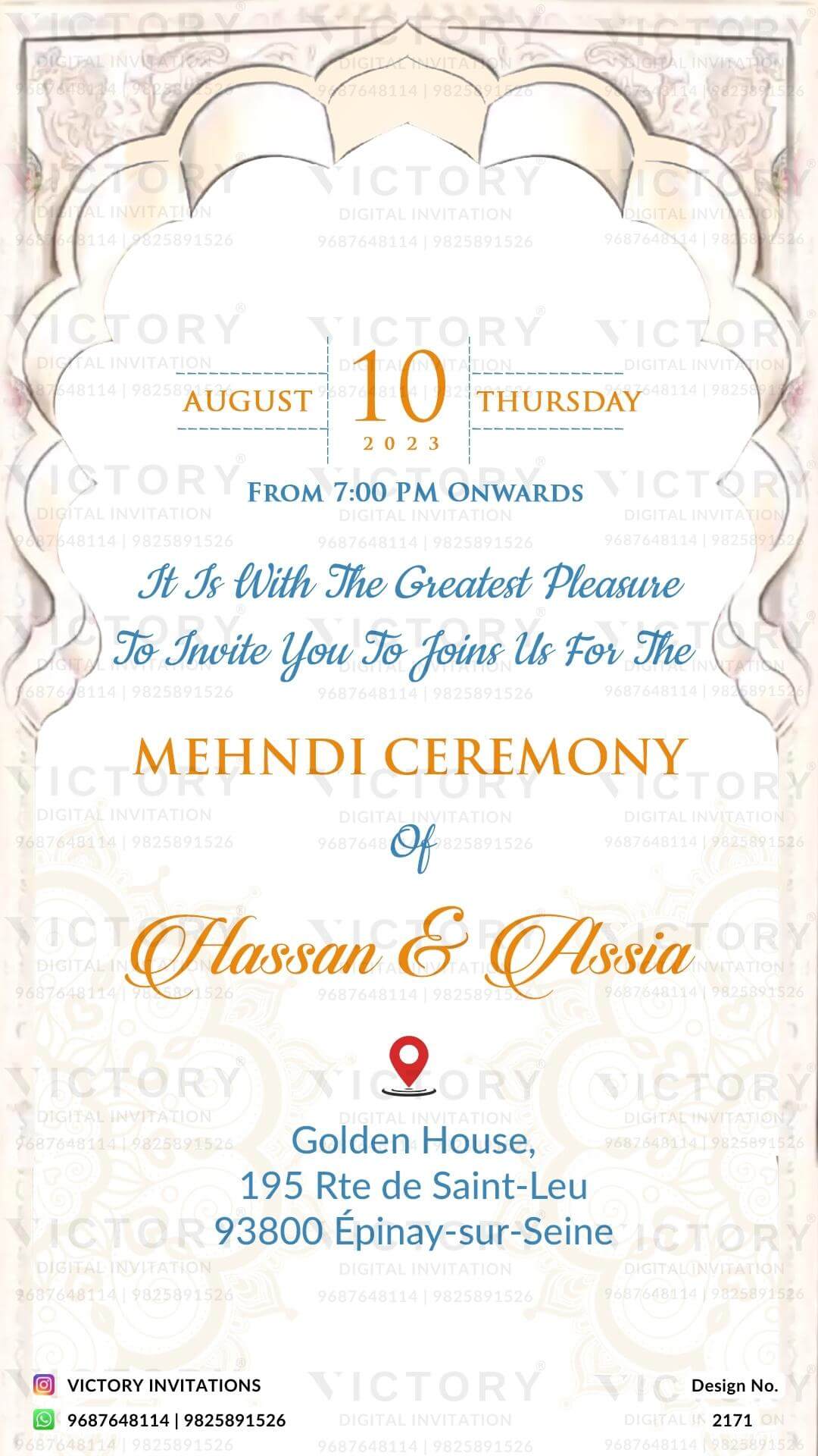 The Mehndi ceremony Invitation in the white backdrop, Couple Caricature, Artful Swing, Intricate Arch Frame, Blooming Flowers, and Tabla Illustration, Design no. 2171