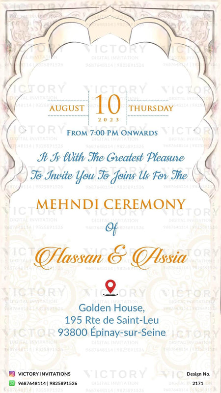 The Mehndi ceremony Invitation in the white backdrop, Couple Caricature, Artful Swing, Intricate Arch Frame, Blooming Flowers, and Tabla Illustration, Design no. 2171