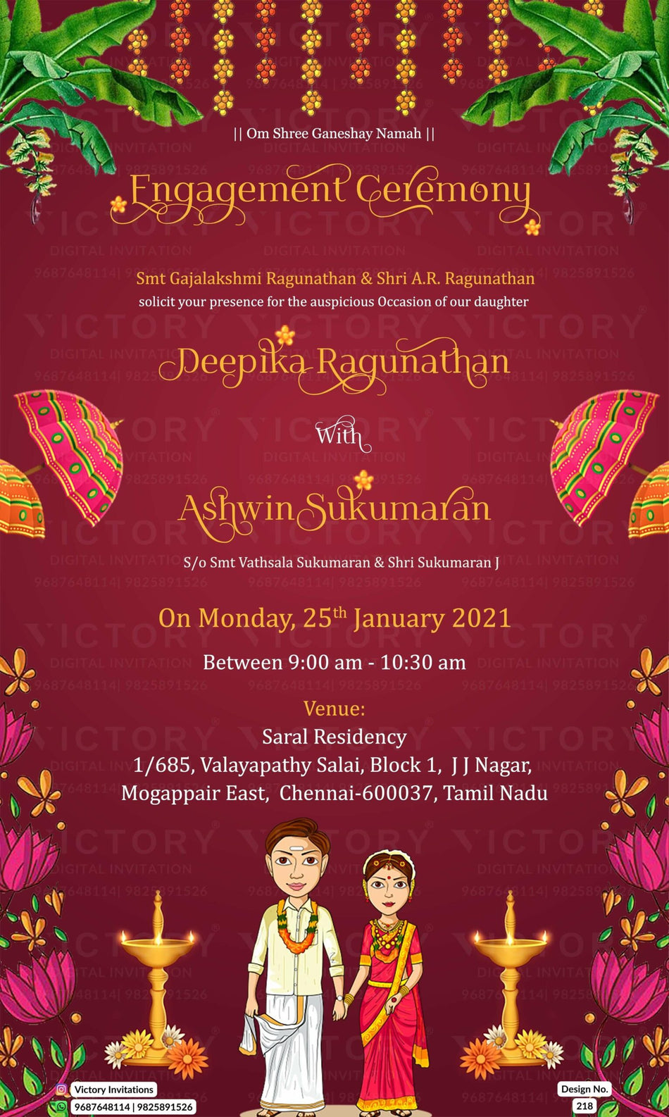 Engagement ceremony invitation card in english language with banana leavesm umbrella, diya as traditional theme design 218