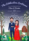 Romantic couple caricature invitation card for the wedding ceremony of Hindu south indian telugu family in english language with garden theme design 2181