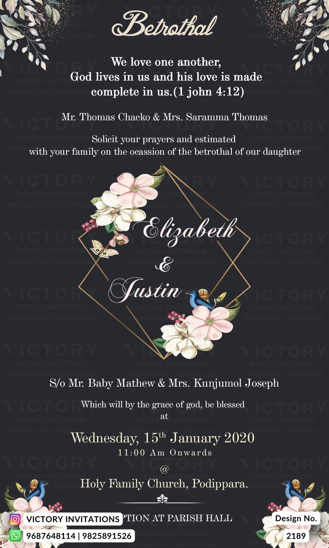 Betrothal ceremony invitation card for Catholic family in english language with frame, flowers as minimalistic theme design 2189