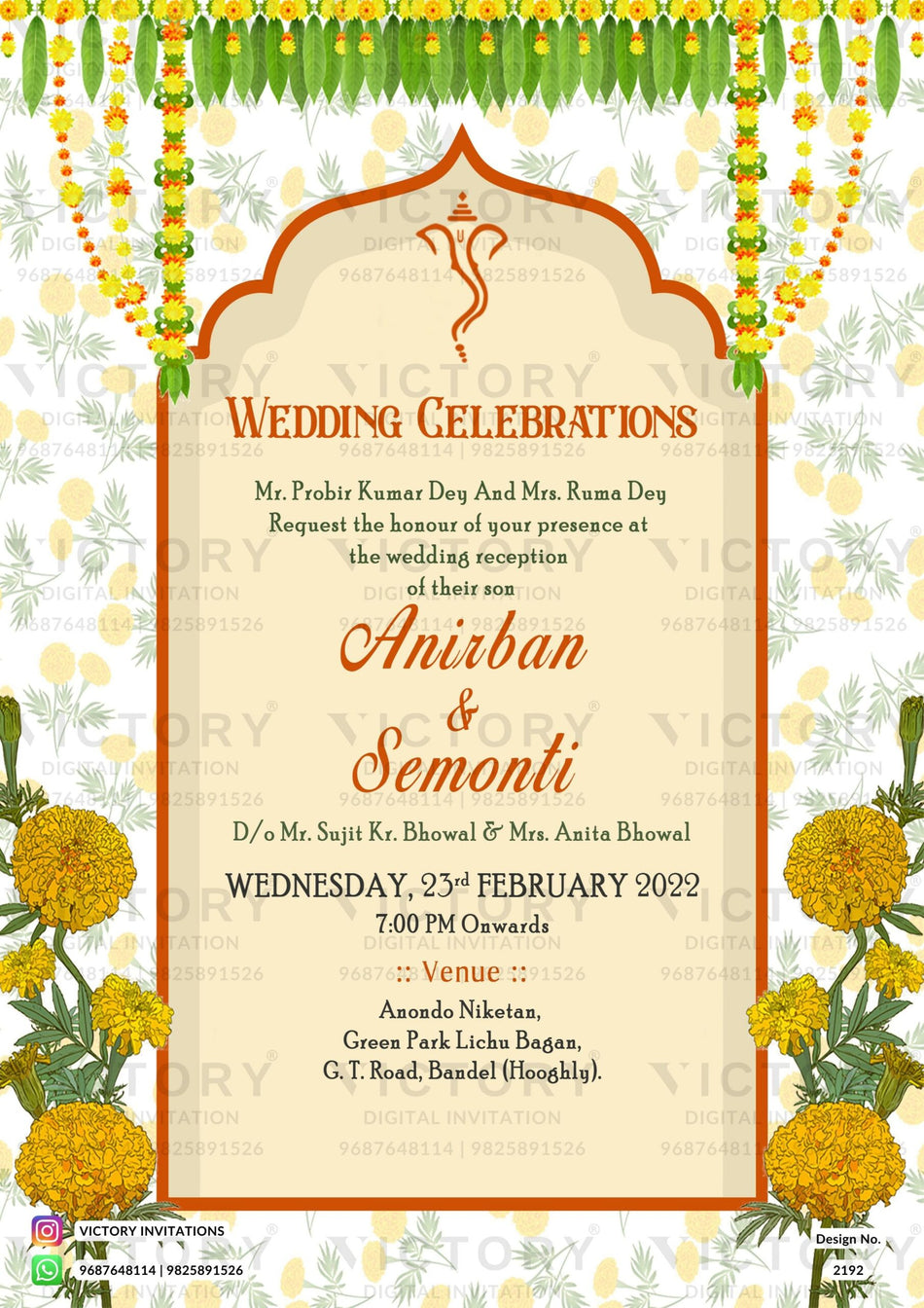Wedding ceremony invitation video of hindu west bengal bengali family in english language with asthetic floral theme design 2192