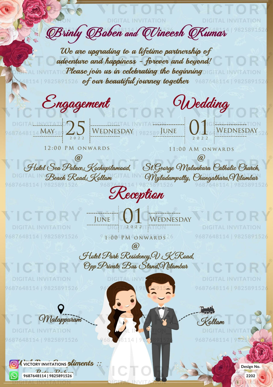 Wedding ceremony invitation card of hindu south indian malayali family in english language with two state theme design 2202
