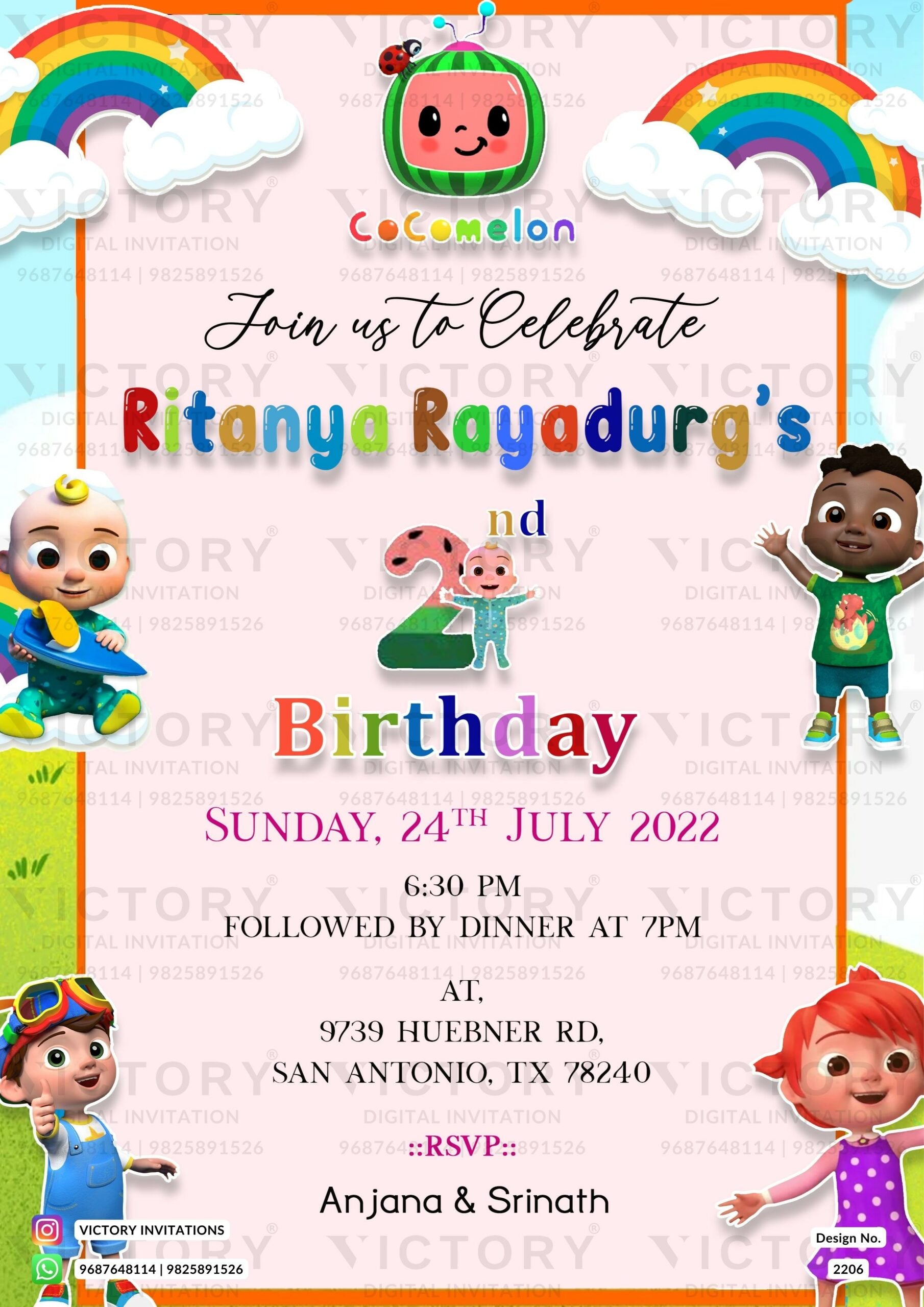 Birthday party invitation card for boy in English language with cartoon as cocomelan theme design 2206