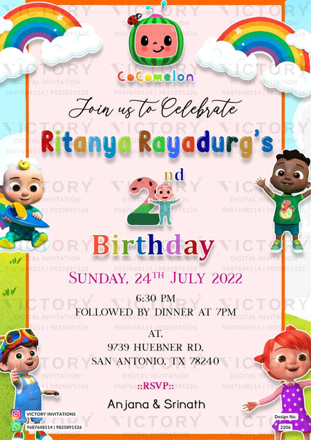 Birthday party invitation card for boy in English language with cartoon as cocomelan theme design 2206