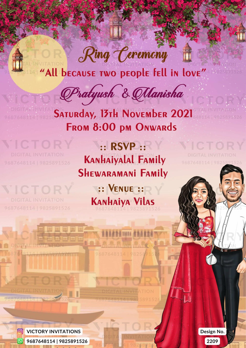 Delightful couple caricature invitation card for Engagement ceremony in Englsih language with sun, flowers as floral theme design 2209