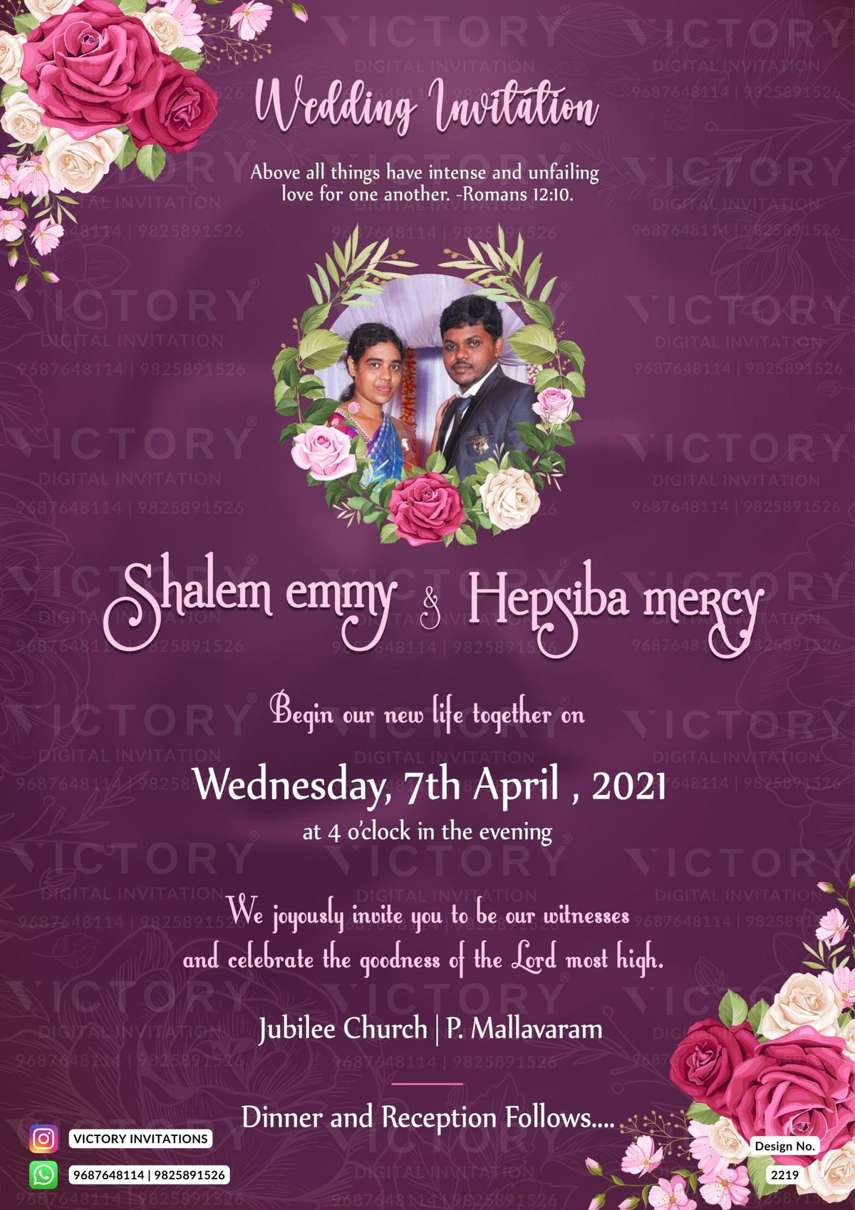 Bible verse Christian wedding ceremony invitation card of Catholic church family in english language with couple photo floral theme design 2219